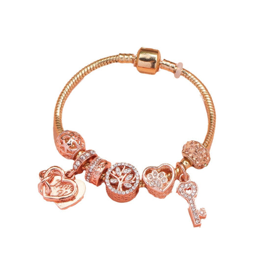 Crystal-studded Hollow Heart Key Tree of Life Bracelet(rose gold,17cm) V1132-NSSL18-ROSE GOLD-17