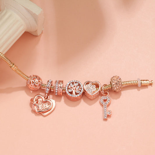 Crystal-studded Hollow Heart Key Tree of Life Bracelet(rose gold,18cm) V1132-NSSL18-ROSE GOLD-18