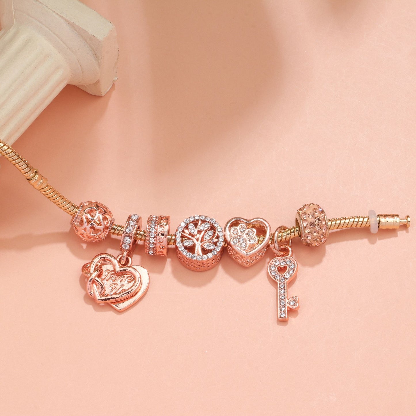 Crystal-studded Hollow Heart Key Tree of Life Bracelet(rose gold,19cm) V1132-NSSL18-ROSE GOLD-19