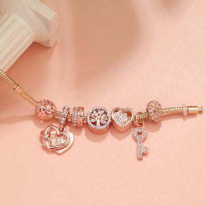 Crystal-studded Hollow Heart Key Tree of Life Bracelet(rose gold,19cm) V1132-NSSL18-ROSE GOLD-19