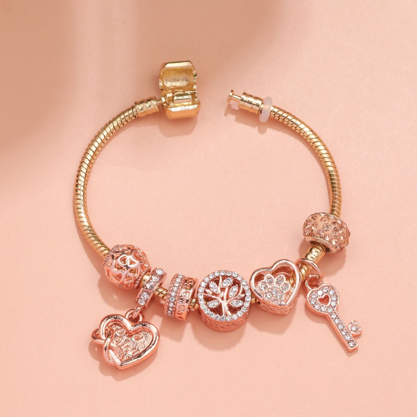 Crystal-studded Hollow Heart Key Tree of Life Bracelet(rose gold,19cm) V1132-NSSL18-ROSE GOLD-19