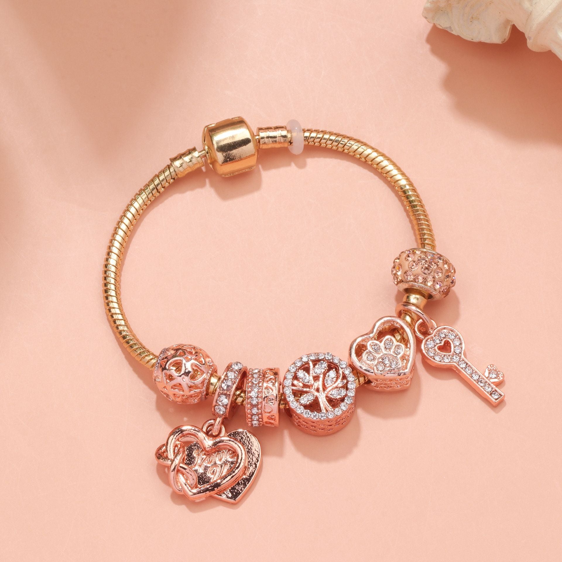 Crystal-studded Hollow Heart Key Tree of Life Bracelet(rose gold,19cm) V1132-NSSL18-ROSE GOLD-19