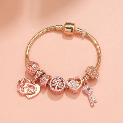 Crystal-studded Hollow Heart Key Tree of Life Bracelet(rose gold,19cm) V1132-NSSL18-ROSE GOLD-19