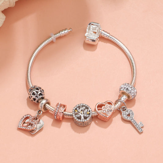 Crystal-studded Hollow Heart Key Tree of Life Bracelet(silver,18cm) V1132-NSSL18-SILVER-18