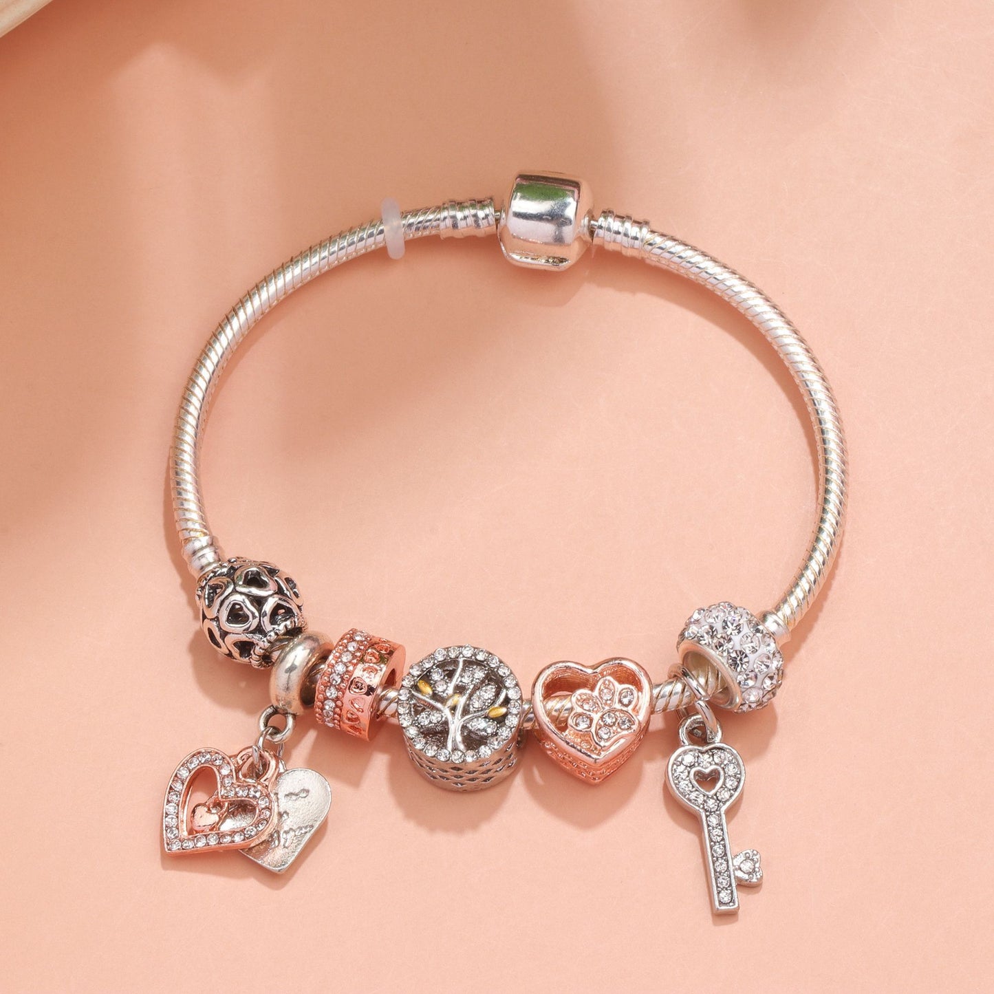 Crystal-studded Hollow Heart Key Tree of Life Bracelet(silver,18cm) V1132-NSSL18-SILVER-18