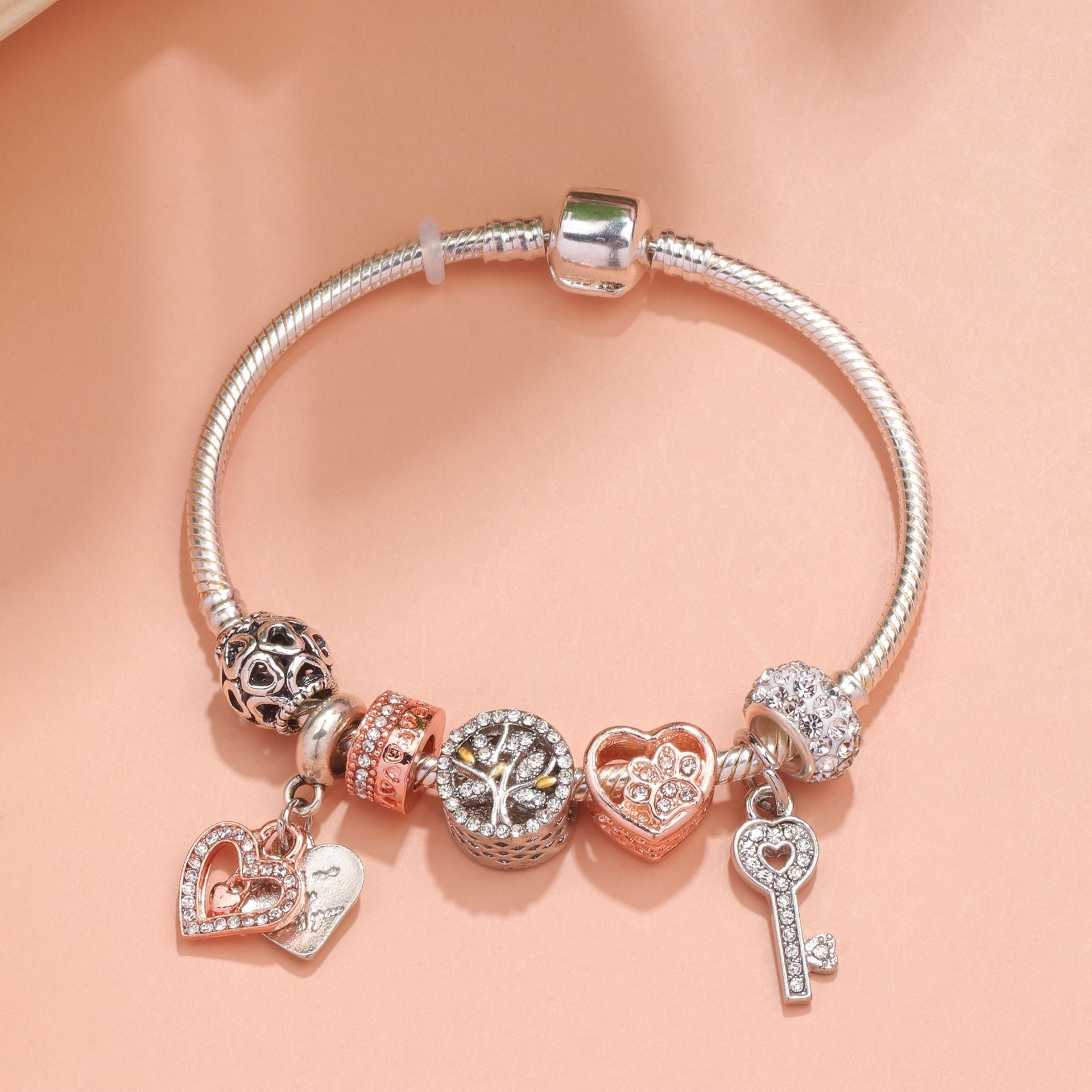 Crystal-studded Hollow Heart Key Tree of Life Bracelet(silver,18cm) V1132-NSSL18-SILVER-18