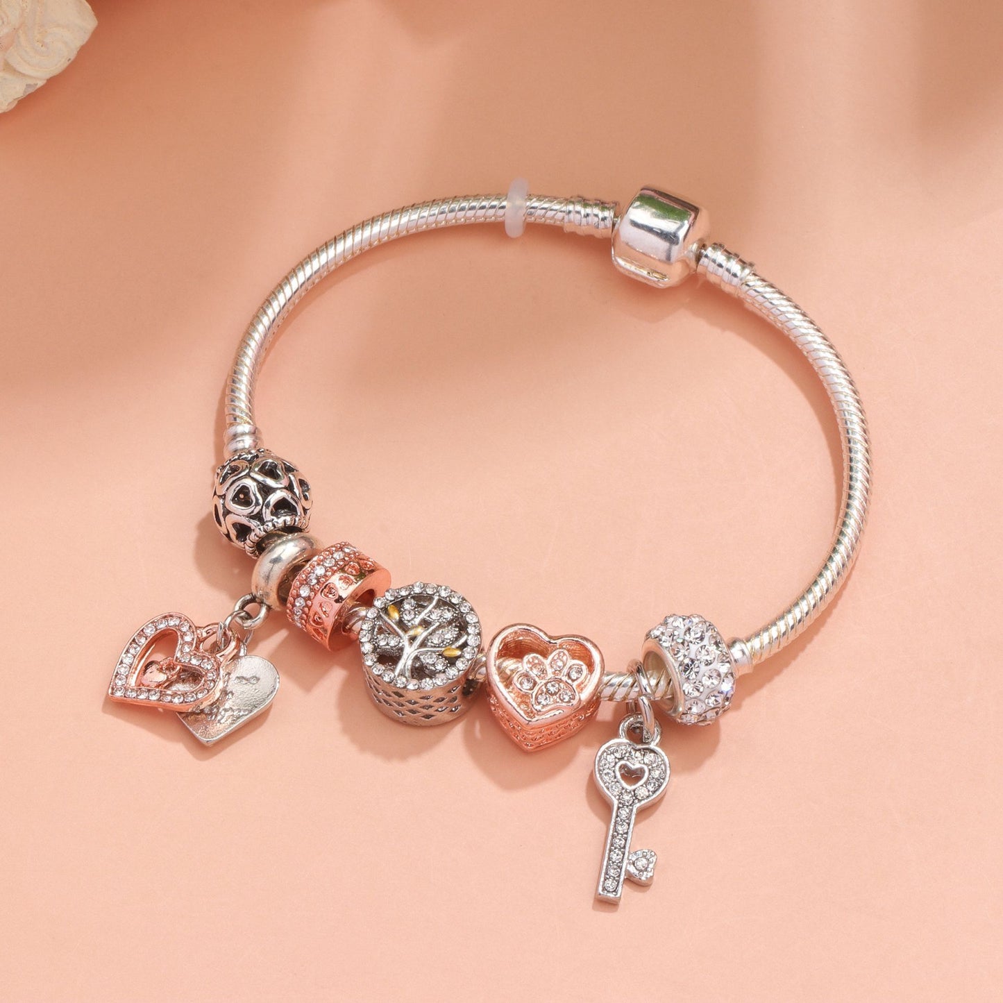 Crystal-studded Hollow Heart Key Tree of Life Bracelet(silver,18cm) V1132-NSSL18-SILVER-18