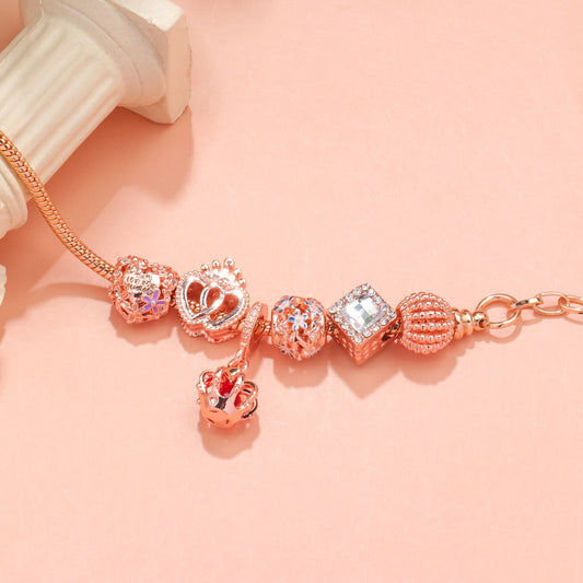 Hollow-out Rhinestone Heart Flower Charm Bracelet(rose gold,19cm) V1132-NSSL19-ROSE GOLD-19