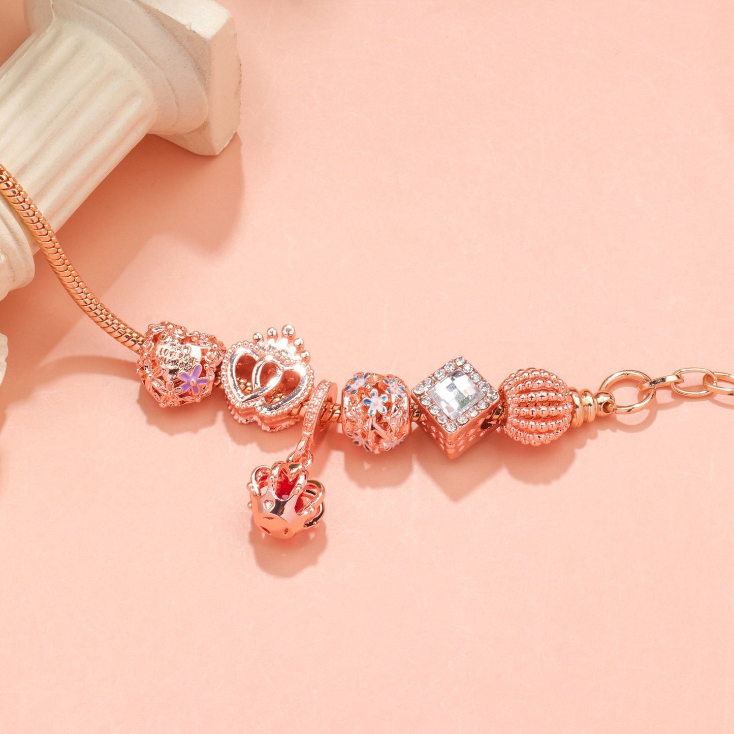 Hollow-out Rhinestone Heart Flower Charm Bracelet(rose gold,20cm) V1132-NSSL19-ROSE GOLD-20