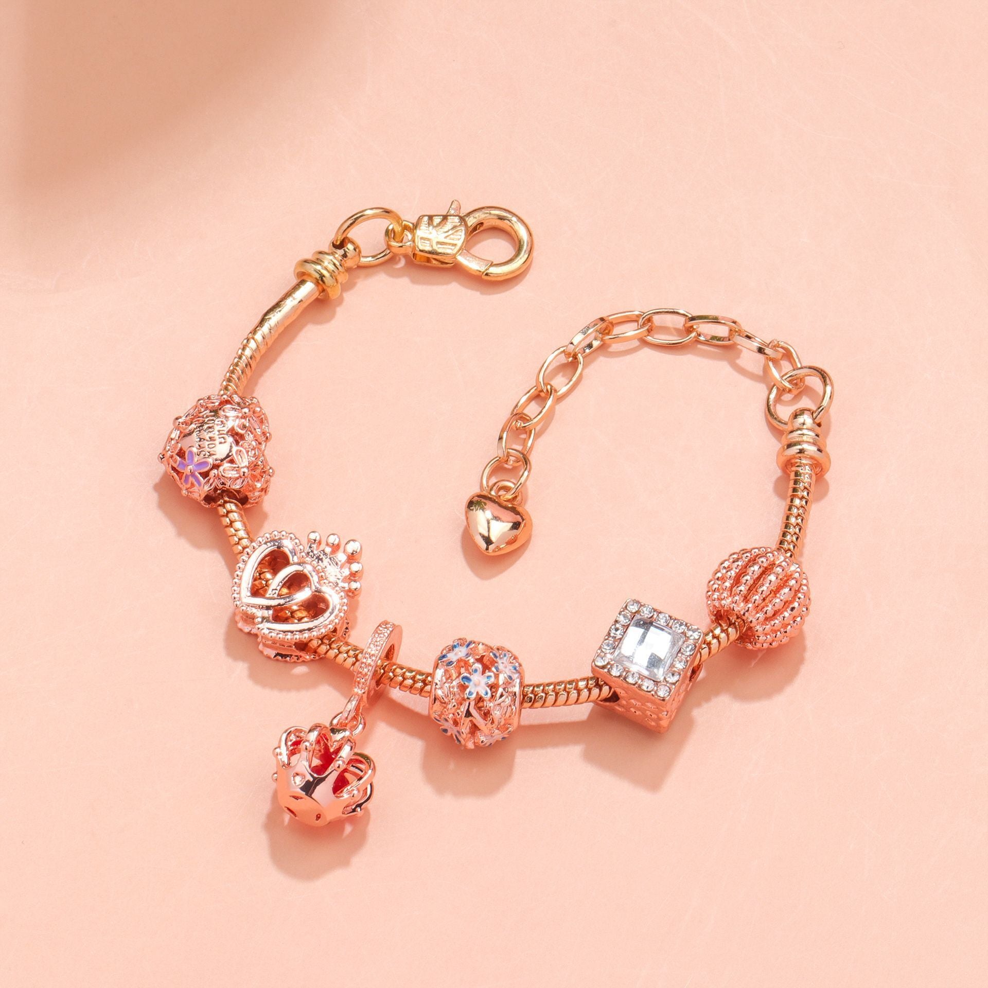 Hollow-out Rhinestone Heart Flower Charm Bracelet(rose gold,20cm) V1132-NSSL19-ROSE GOLD-20