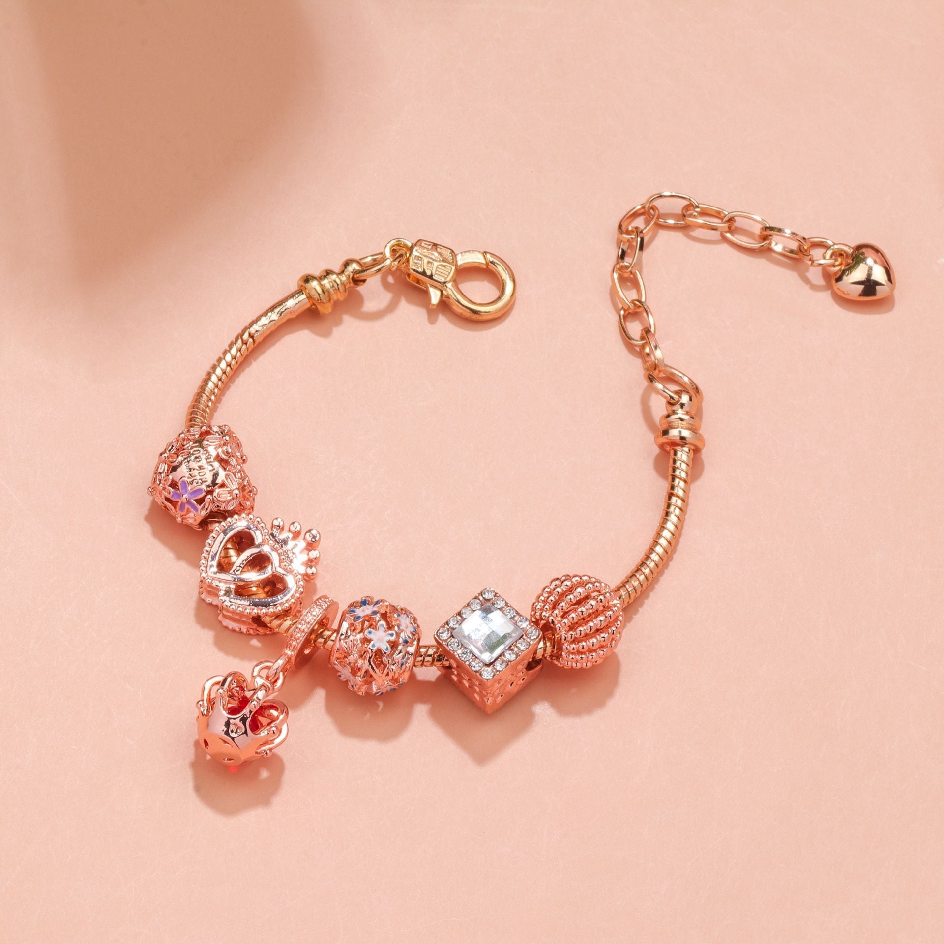 Hollow-out Rhinestone Heart Flower Charm Bracelet(rose gold,20cm) V1132-NSSL19-ROSE GOLD-20