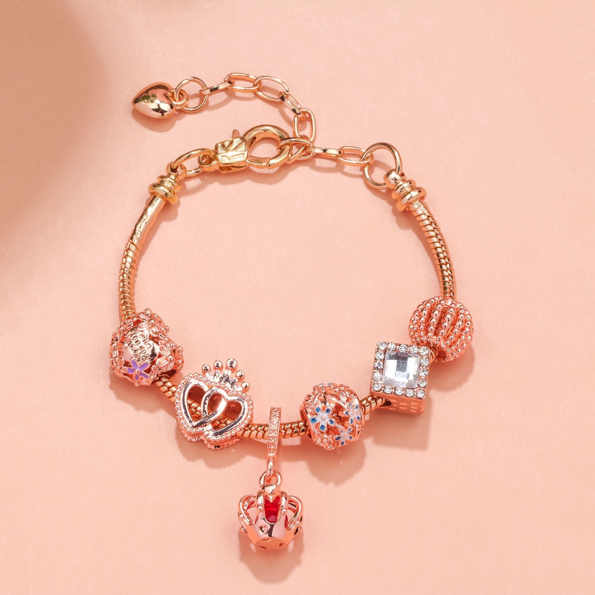 Hollow-out Rhinestone Heart Flower Charm Bracelet(rose gold,20cm) V1132-NSSL19-ROSE GOLD-20