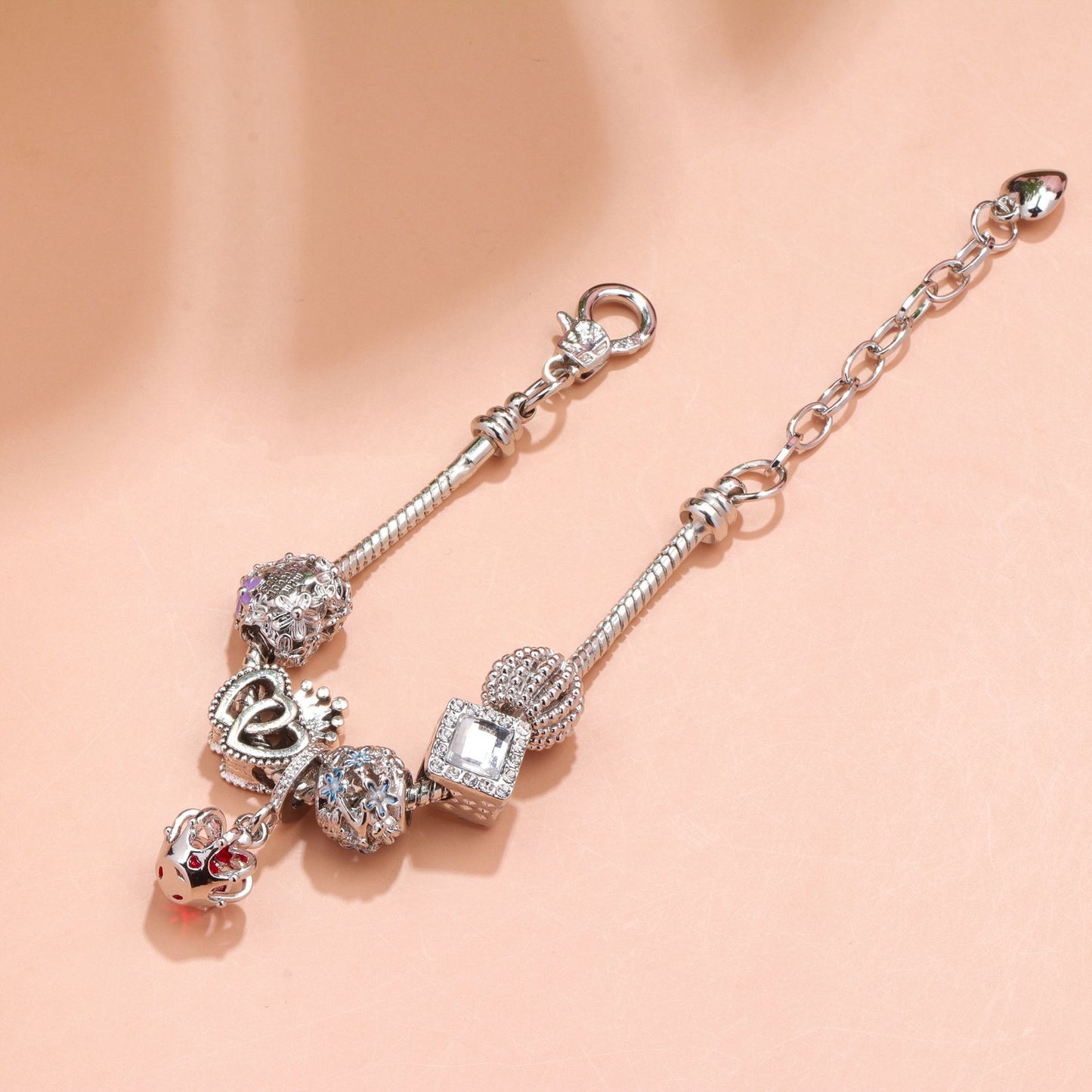 Hollow-out Rhinestone Heart Flower Charm Bracelet(Silver,16cm) V1132-NSSL19-SILVER-16