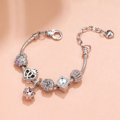 Hollow-out Rhinestone Heart Flower Charm Bracelet(Silver,17cm) V1132-NSSL19-SILVER-17
