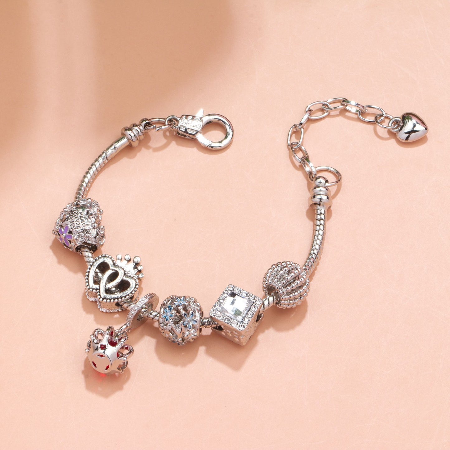 Hollow-out Rhinestone Heart Flower Charm Bracelet(Silver,18cm) V1132-NSSL19-SILVER-18