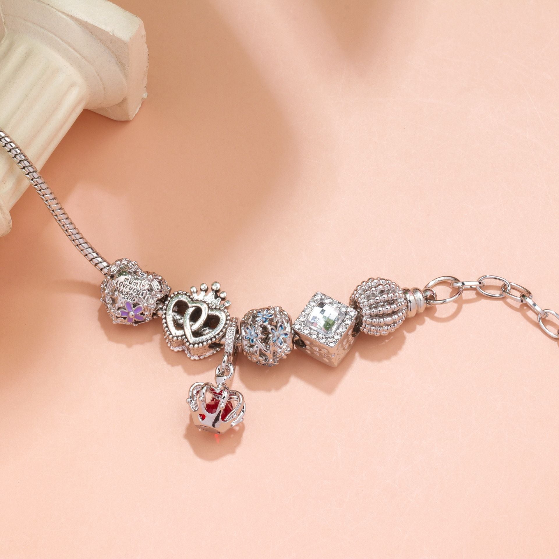 Hollow-out Rhinestone Heart Flower Charm Bracelet(Silver,19cm) V1132-NSSL19-SILVER-19