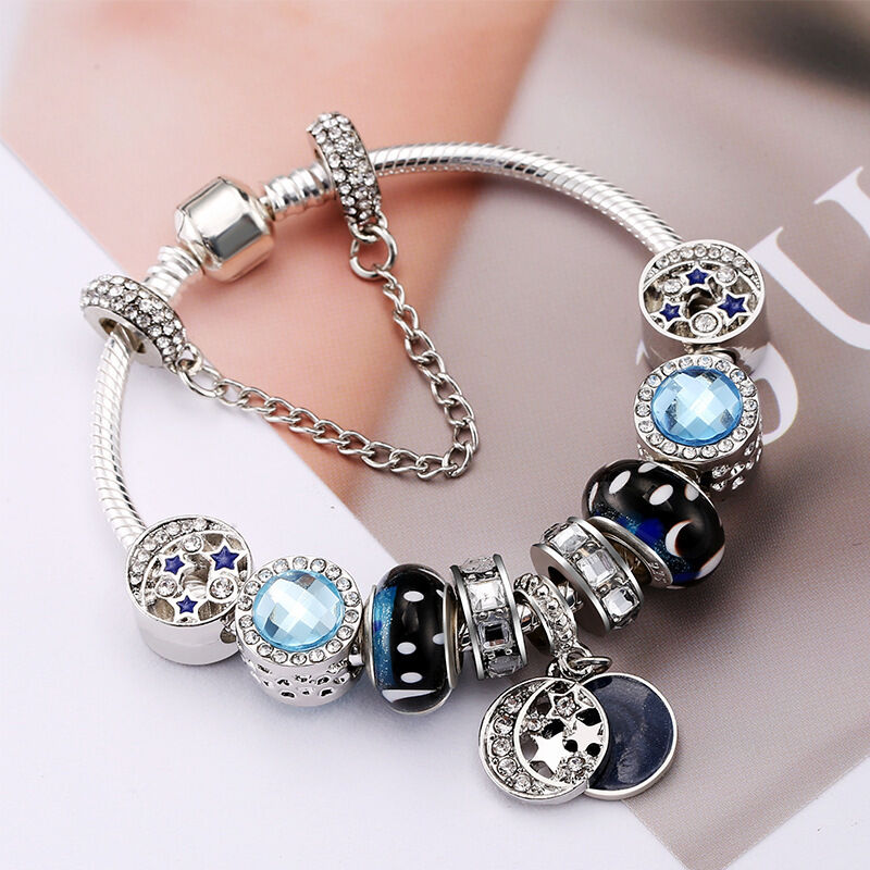 Blue Starry Sky Charm Bracelet with Moon & Star Pendant(18cm) V1132-NSSL2-18