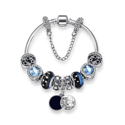 Blue Starry Sky Charm Bracelet with Moon & Star Pendant(19cm) V1132-NSSL2-19