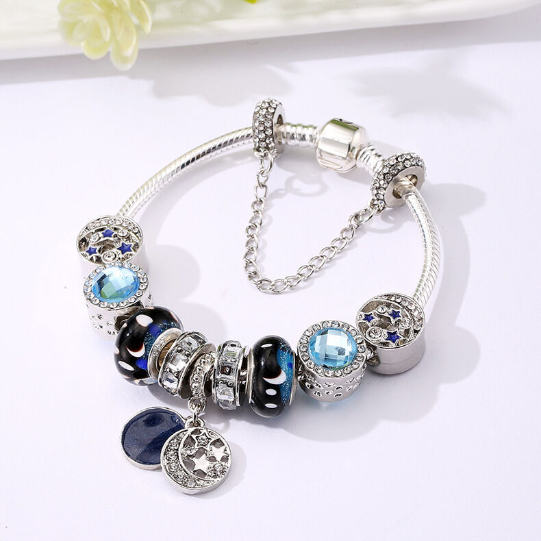 Blue Starry Sky Charm Bracelet with Moon & Star Pendant(19cm) V1132-NSSL2-19
