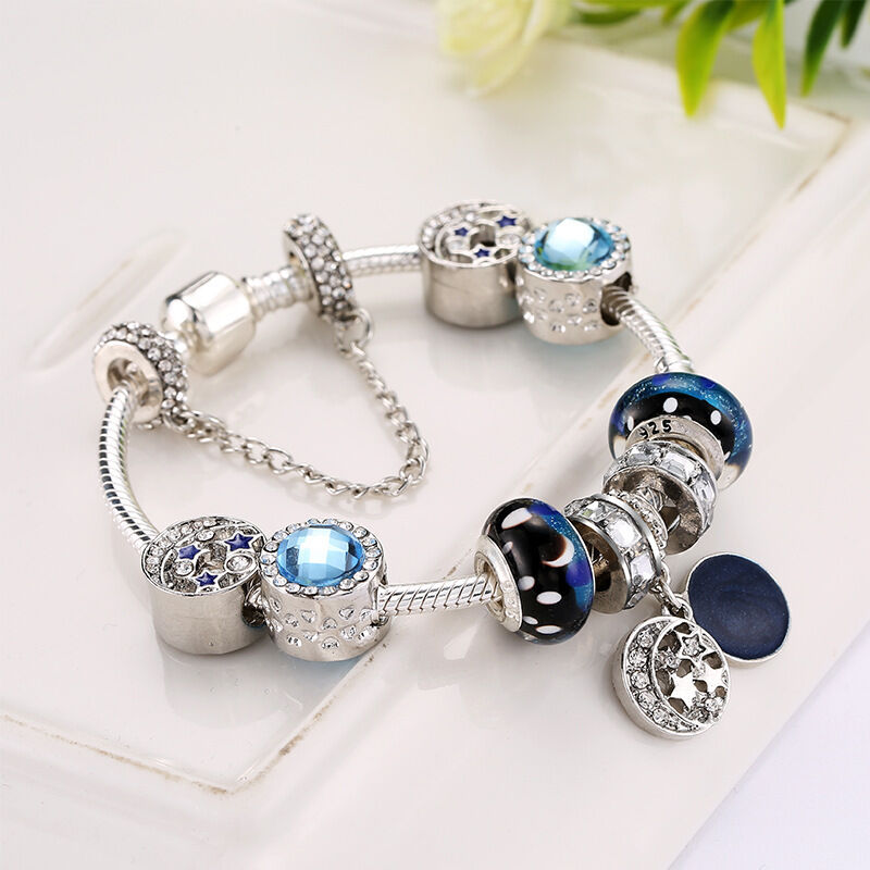 Blue Starry Sky Charm Bracelet with Moon & Star Pendant(20cm) V1132-NSSL2-20