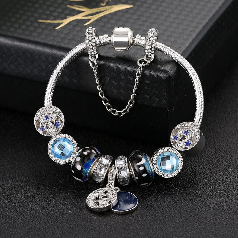 Blue Starry Sky Charm Bracelet with Moon & Star Pendant(20cm) V1132-NSSL2-20