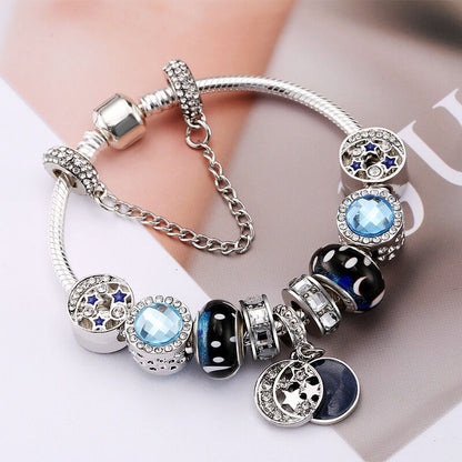 Blue Starry Sky Charm Bracelet with Moon & Star Pendant(20cm) V1132-NSSL2-20
