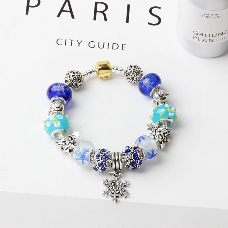Christmas Snowman & Pine Tree Bead Bracelet with Snowflake Pendant Bracelet(18cm) V1132-NSSL20-18