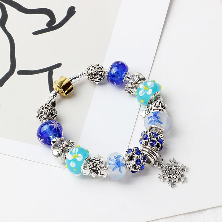 Christmas Snowman & Pine Tree Bead Bracelet with Snowflake Pendant Bracelet(20cm) V1132-NSSL20-20