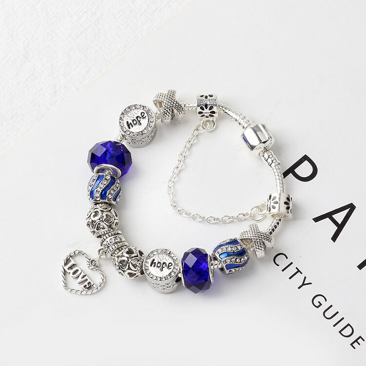 Romantic Love Heart Pendant Bracelet with Rhinestones, Glass Beads(18cm) V1132-NSSL21-18