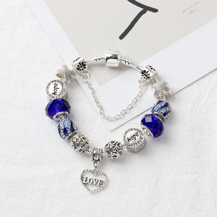 Romantic Love Heart Pendant Bracelet with Rhinestones, Glass Beads(21cm) V1132-NSSL21-21