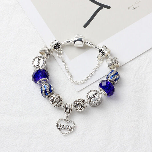 Romantic Love Heart Pendant Bracelet with Rhinestones, Glass Beads(21cm) V1132-NSSL21-21