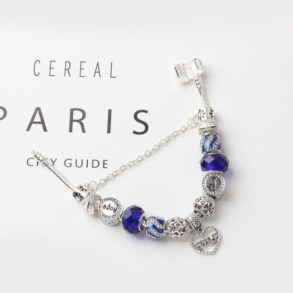 Romantic Love Heart Pendant Bracelet with Rhinestones, Glass Beads(21cm) V1132-NSSL21-21