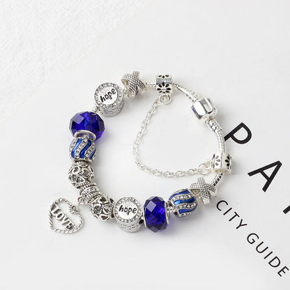 Romantic Love Heart Pendant Bracelet with Rhinestones, Glass Beads(21cm) V1132-NSSL21-21