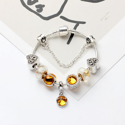 Yellow Zircon Heart Glass Beaded Bracelet with Rhinestones(19cm) V1132-NSSL22-19
