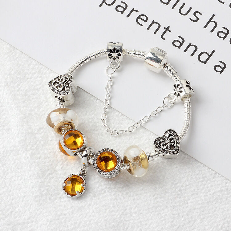 Yellow Zircon Heart Glass Beaded Bracelet with Rhinestones(19cm) V1132-NSSL22-19