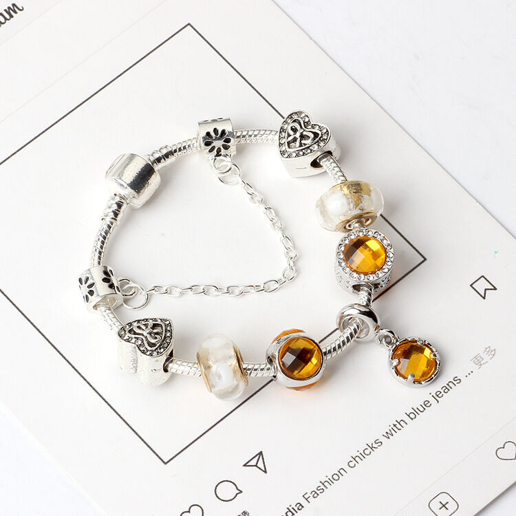 Yellow Zircon Heart Glass Beaded Bracelet with Rhinestones(19cm) V1132-NSSL22-19
