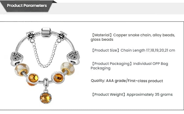 Yellow Zircon Heart Glass Beaded Bracelet with Rhinestones(19cm) V1132-NSSL22-19