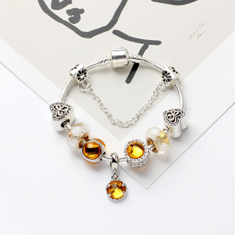 Yellow Zircon Heart Glass Beaded Bracelet with Rhinestones(20cm) V1132-NSSL22-20