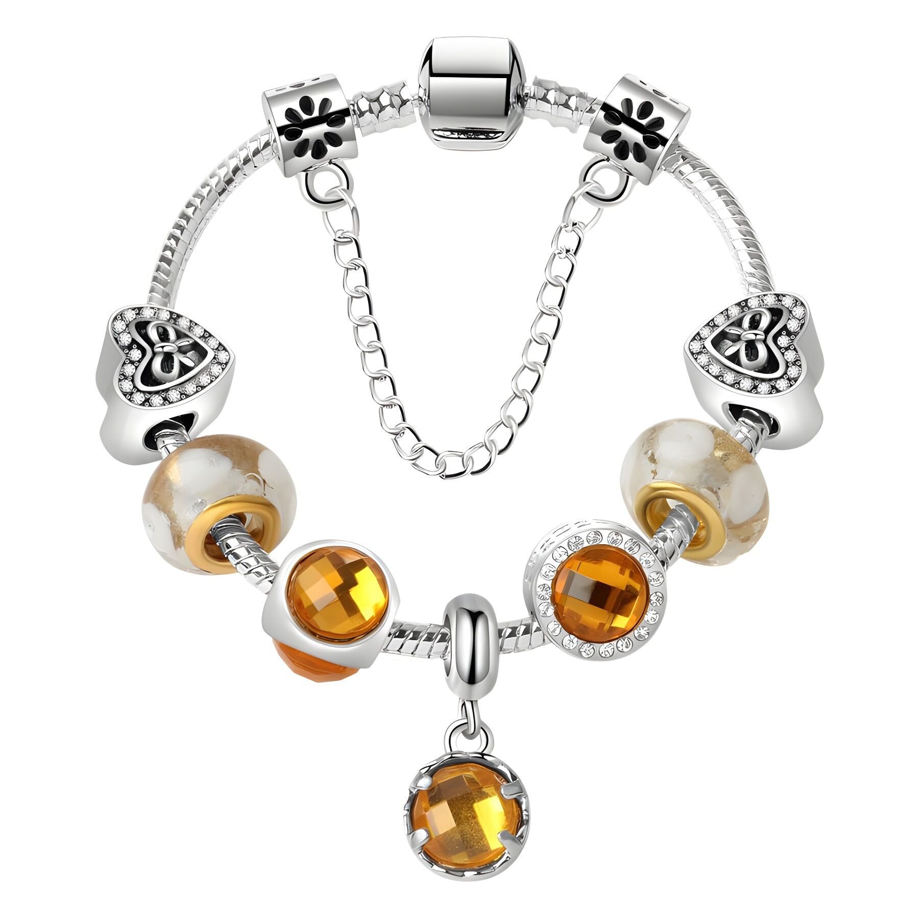Yellow Zircon Heart Glass Beaded Bracelet with Rhinestones(21cm) V1132-NSSL22-21