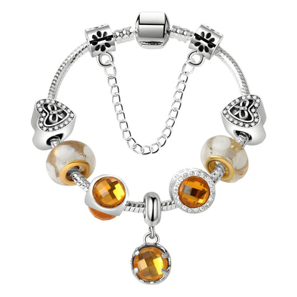 Yellow Zircon Heart Glass Beaded Bracelet with Rhinestones(21cm) V1132-NSSL22-21