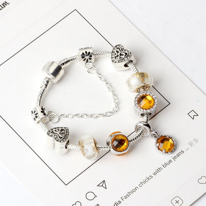 Yellow Zircon Heart Glass Beaded Bracelet with Rhinestones(21cm) V1132-NSSL22-21