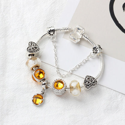 Yellow Zircon Heart Glass Beaded Bracelet with Rhinestones(21cm) V1132-NSSL22-21