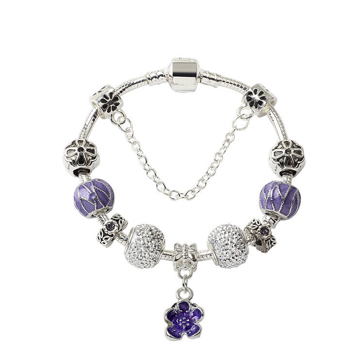 Vintage Alloy Charm Bracelet with Purple Flower Pendant, Crystal Beads(18cm) V1132-NSSL23-18