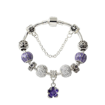 Vintage Alloy Charm Bracelet with Purple Flower Pendant, Crystal Beads(18cm) V1132-NSSL23-18