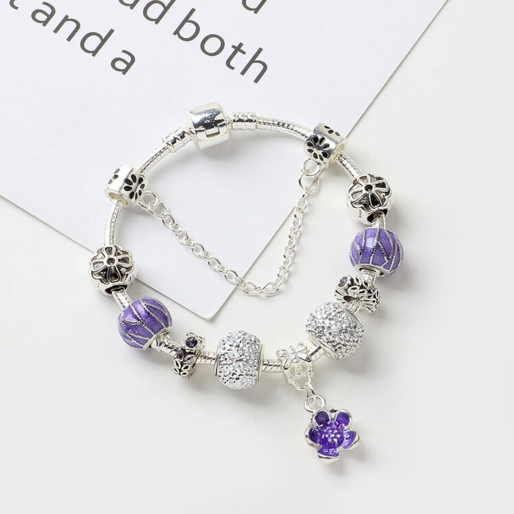 Vintage Alloy Charm Bracelet with Purple Flower Pendant, Crystal Beads(18cm) V1132-NSSL23-18