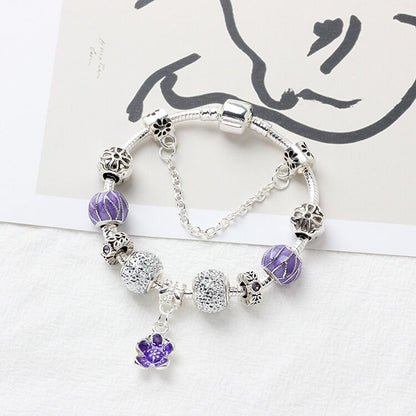 Vintage Alloy Charm Bracelet with Purple Flower Pendant, Crystal Beads(18cm) V1132-NSSL23-18