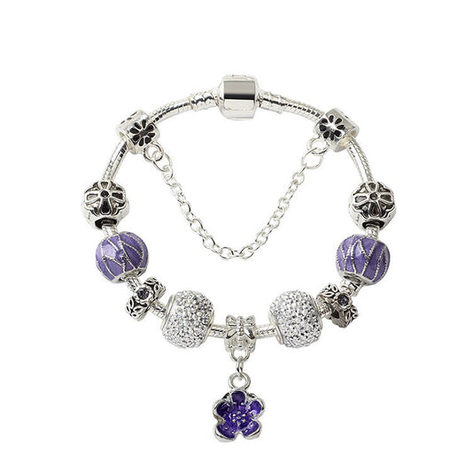 Vintage Alloy Charm Bracelet with Purple Flower Pendant, Crystal Beads(20cm) V1132-NSSL23-20