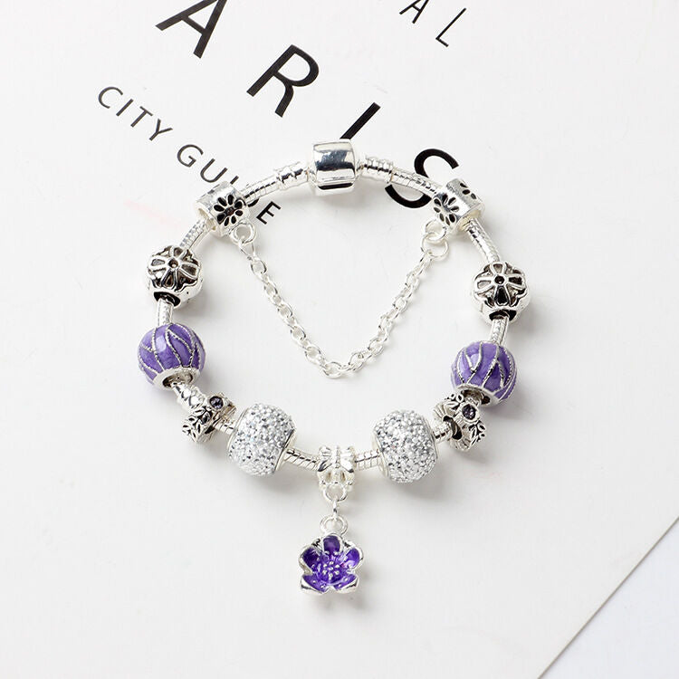 Vintage Alloy Charm Bracelet with Purple Flower Pendant, Crystal Beads(20cm) V1132-NSSL23-20