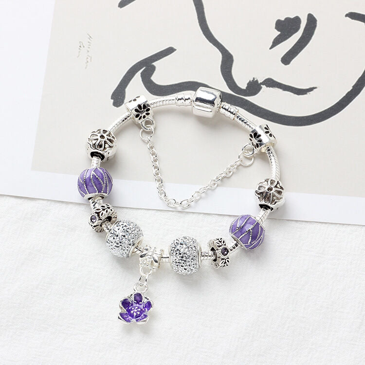 Vintage Alloy Charm Bracelet with Purple Flower Pendant, Crystal Beads(20cm) V1132-NSSL23-20
