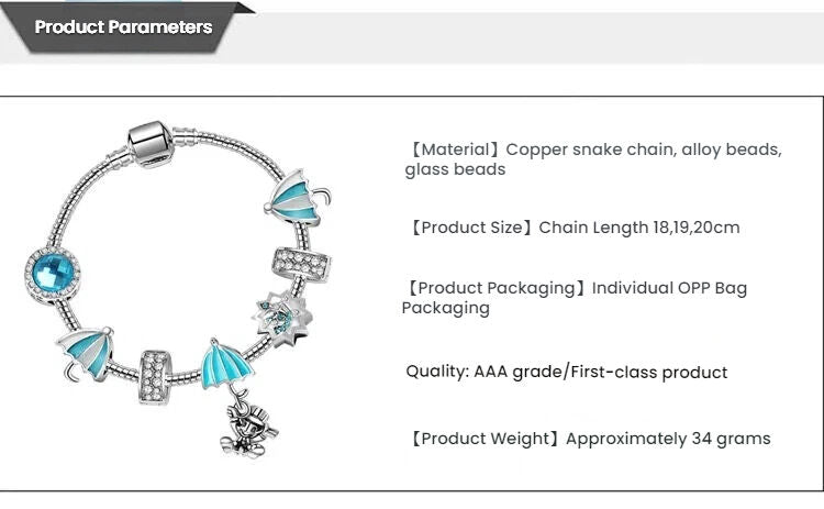 Anime Character Colorful Umbrella Alloy Charm Bracelet with Rhinestones(20cm) V1132-NSSL24-20